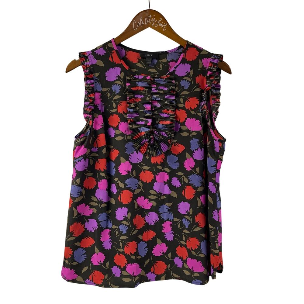 J. Crew Painted Pansy Floral Blouse 100% Silk Size 10 Sleeveless Ruffle F9674